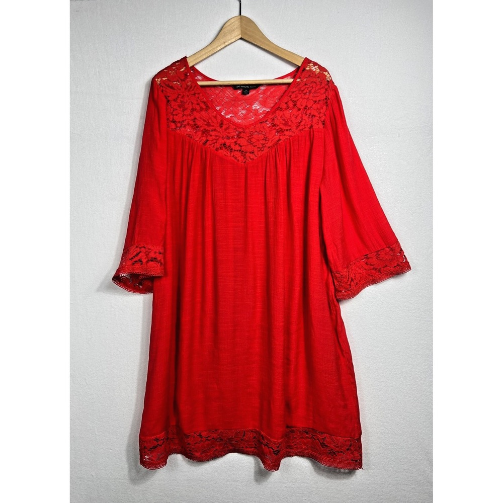 Zac & Rachel Dress Womens 1X Red Lace Yoke Tunic 3/4 Sleeve Boho V-Neck